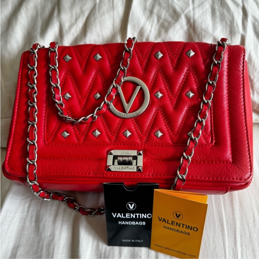 MARIO VALENTINO Alice D Red Studded Leather Convertible Shoulder Crossbody Bag